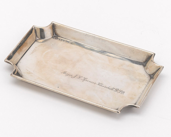 This silver ashtray was presented to Major John Spencer-Churchill by the Great Western Railway in thanks for his assistance during the General Strike in 1926