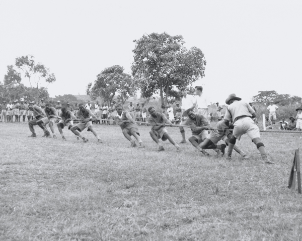 Tug-of-war contest at 4th (Uganda) Battalion, The King's African Rifles' Sports Day at King George V Barracks in Jinja, Uganda, 1956