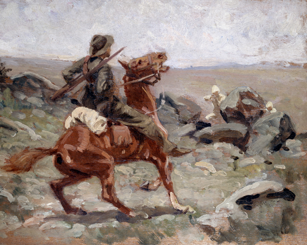 An Ambush, Boer War, 1900 by William Barns Wollen. Wollen travelled to South Africa with 'The Sphere' and made paintings from memory on his return 