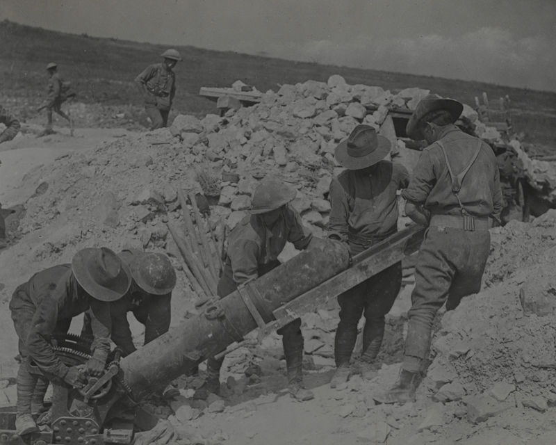  Australians loading a 9.45 inch trench mortar on the Somme, August 1916