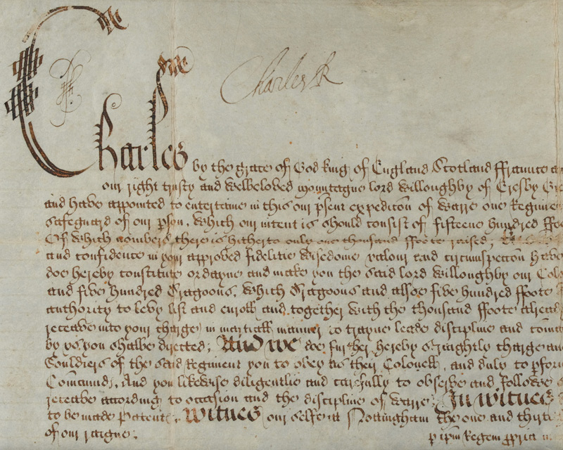 Warrant signed by King Charles I  authorising Lord Willoughby of Eresby to raise the King’s Lifeguard, 1642