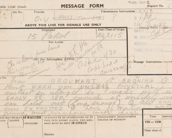 Signal from Major-General Roy Urquhart, 1st Airborne Division, outlining his desperate situation and requesting assistance, 24 September 1944