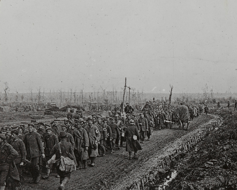 Prisoners taken during the Battle of the Sambre, one of the last Allied attacks of the victorious 'Hundred Days' offensive, 1918 