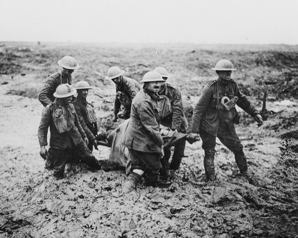 Carrying a wounded man at Passcendaele, 1917