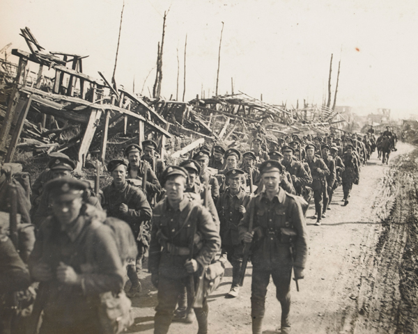 A battalion of The Duke of Cambridge's Own (Middlesex Regiment) move up to the line during the Battle of St Quentin, 22 March 1918