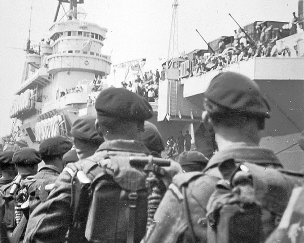 3rd Battalion, The Parachute Regiment, boarding HMS 'Triumph' at Portsmouth bound for Cyprus, June 1951