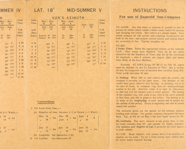 Instructions for using Bagnold Sun-Compass, 1942