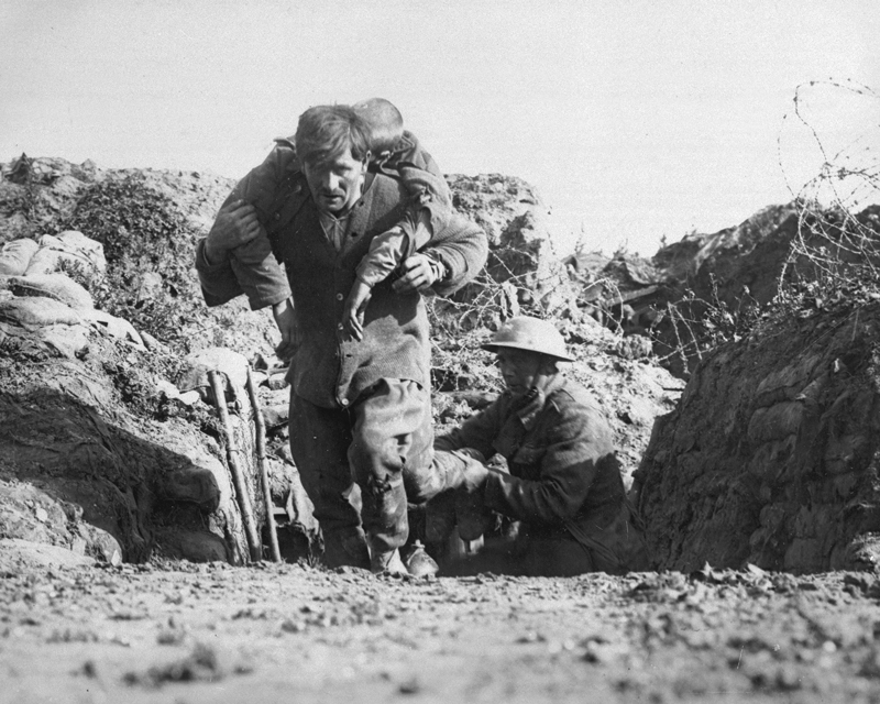 Bringing in a wounded man after the assault at Beaumont Hamel, 1 July 1916