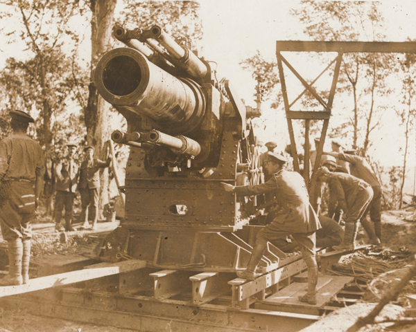 A 15-inch howitzer being prepared for action on the Somme, 1 July 1916