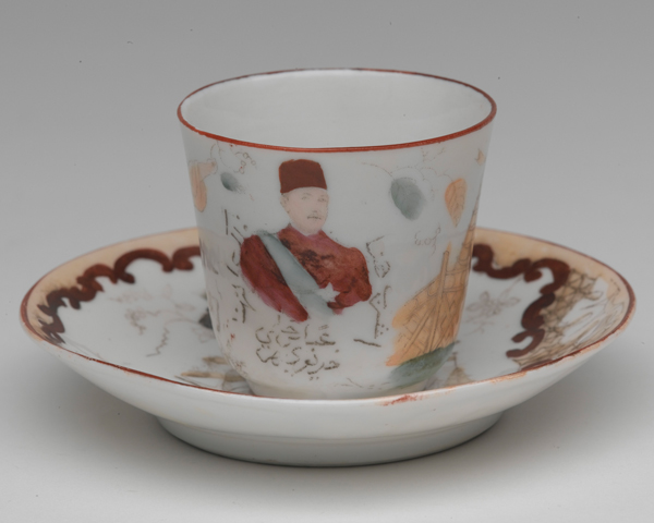 Tea cup and saucer decorated with a portrait of General Charles Gordon, c1885 