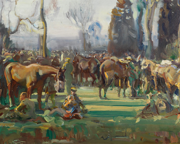 'Halt on the March by a Stream at Nesle' by Alfred Munnings