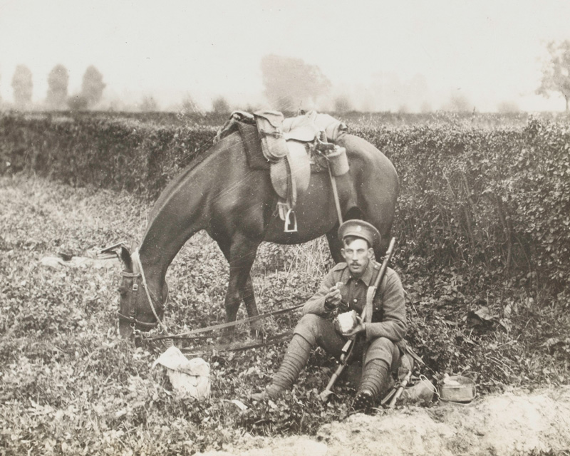 A British trooper and his mount enjoy a meal break, 1914
