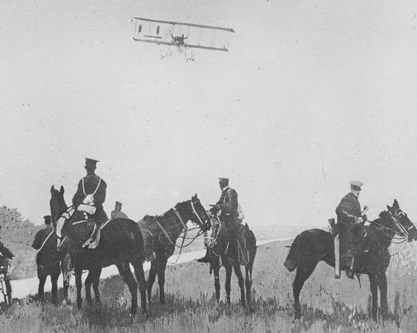 Cavalry and an aircraft returning from a patrol, 1914