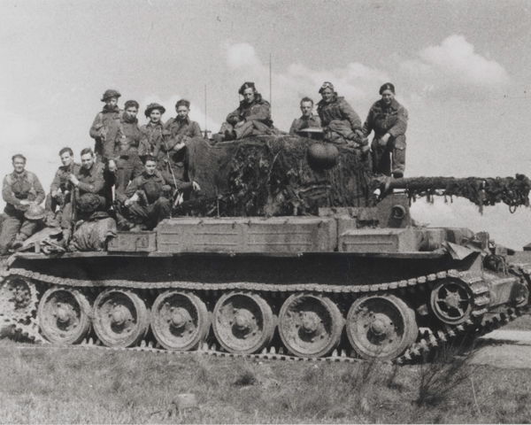 A Challenger tank loaded with men of the 1st Cheshire Regiment, 1945