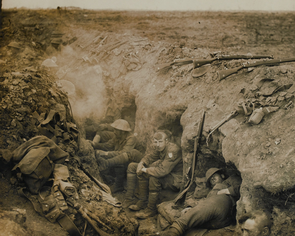 Welsh Guards in a reserve trench at Guillemont on the Somme, September 1916