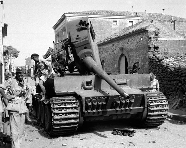 British soldiers explore a knocked-out Tiger at Belpasso, Sicily 1943