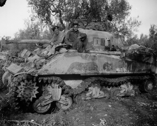 A Sherman of 3rd County of Yeomanry (Sharpshooters) damaged after hitting a mine, 1943