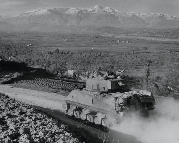 Sherman tanks moving down to the Sangro river, Italy, November 1943