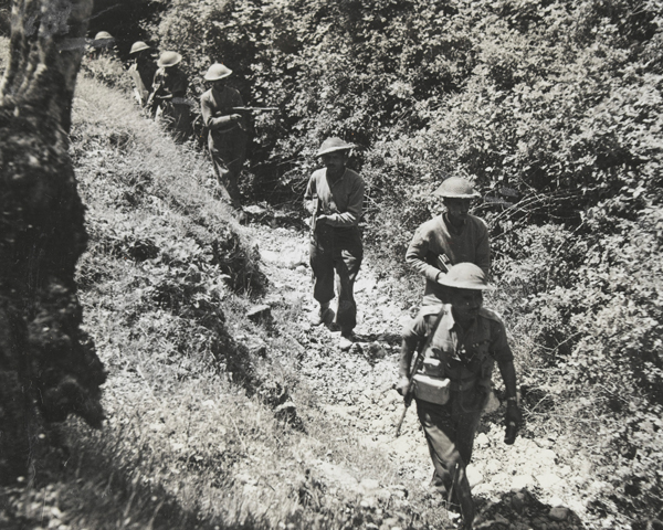 Indian soldiers patrolling an Italian mountain trail, 1944