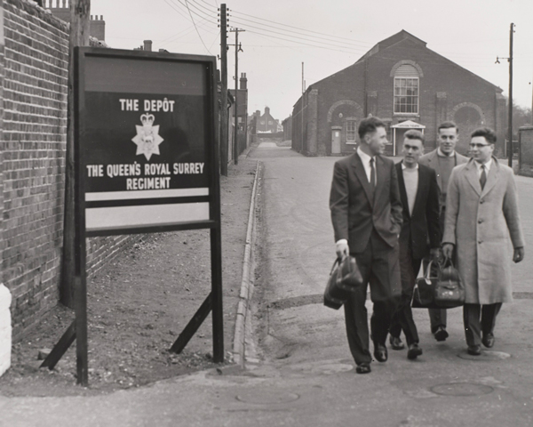 New recruits to The Queen's Royal Surrey Regiment arrive at the regimental depot, c1960