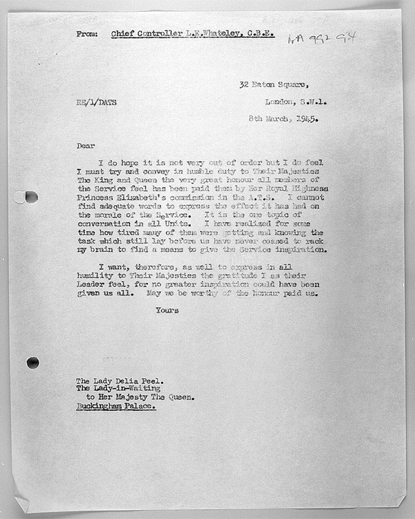 Letter from Leslie Whateley CBE, Director of the ATS, to Lady Delia Peel, Lady-in-Waiting to Her Majesty The Queen, 8 March 1945