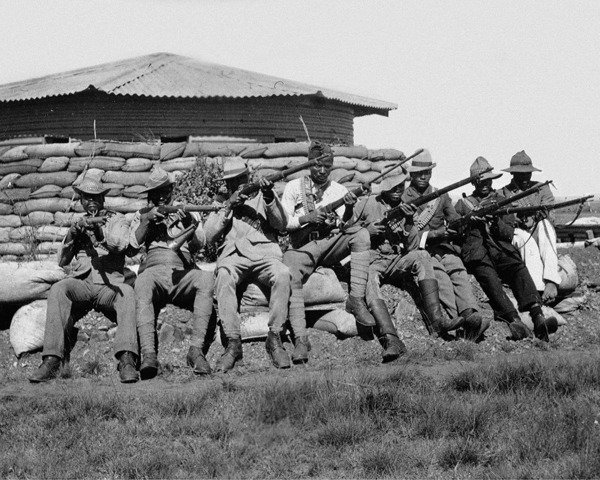 Black African soldiers outside a blockhouse, 1900