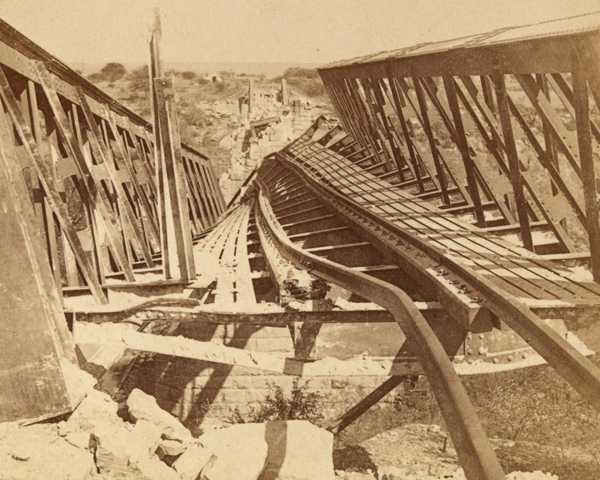 Railway bridge at Kroonstadt blown up by the Boers, 1901