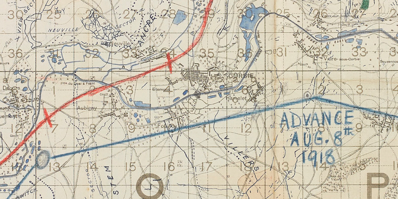 Map covering the area east of Amiens, 1918