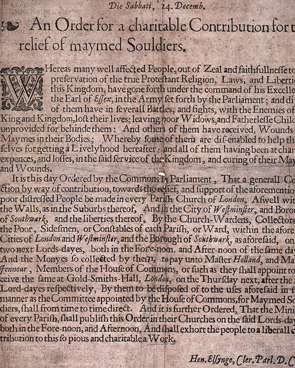 ‘An order for a charitable contribution for the relief of maymed souldiers (sic)’, 24 December 1643