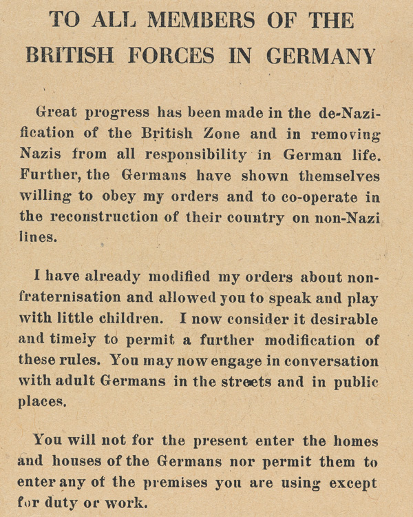Notice from Field Marshal Montgomery relaxing the rules on fraternisation, July 1945