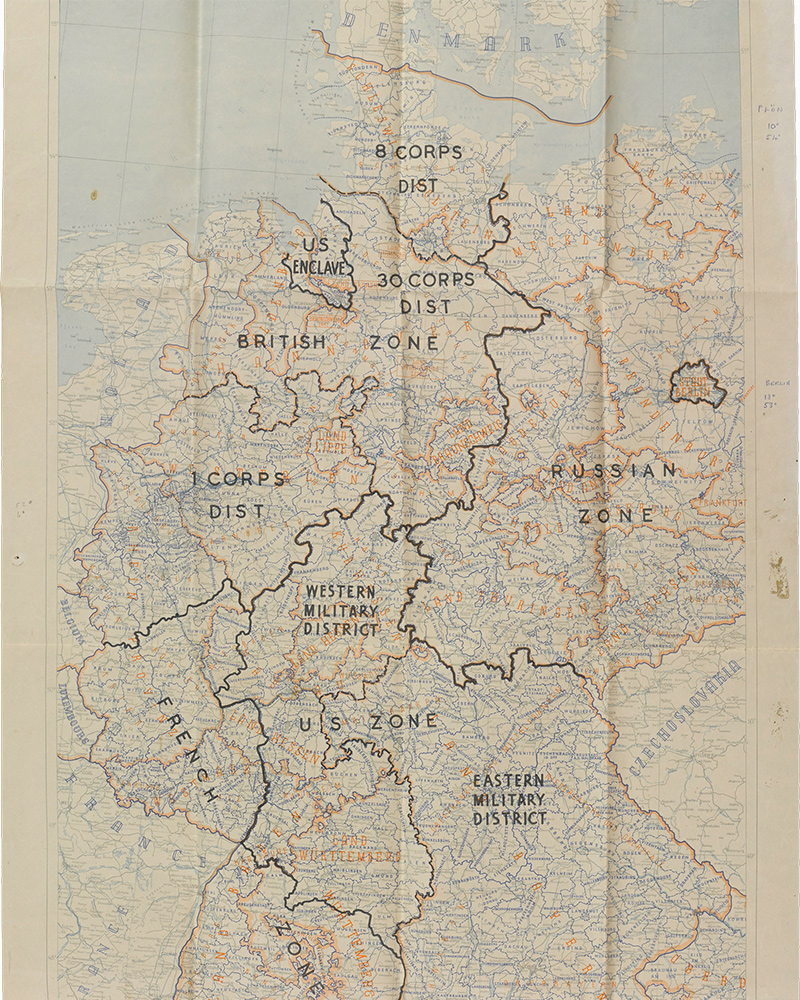 Map of Germany, 1942, customised to show the borders of the different zones of occupation in 1945
