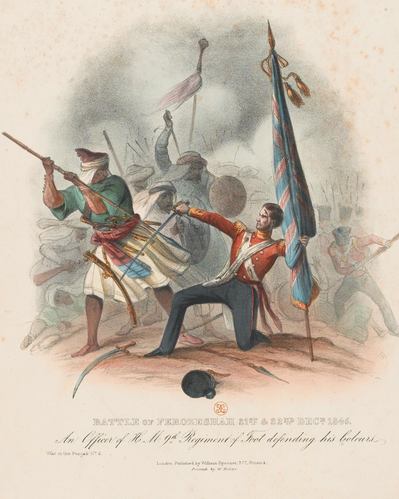 An an officer of the 9th (The East Norfolk) Regiment fighting off Sikhs attempting to seize the Queen's Colour at Ferozeshah, 1845
