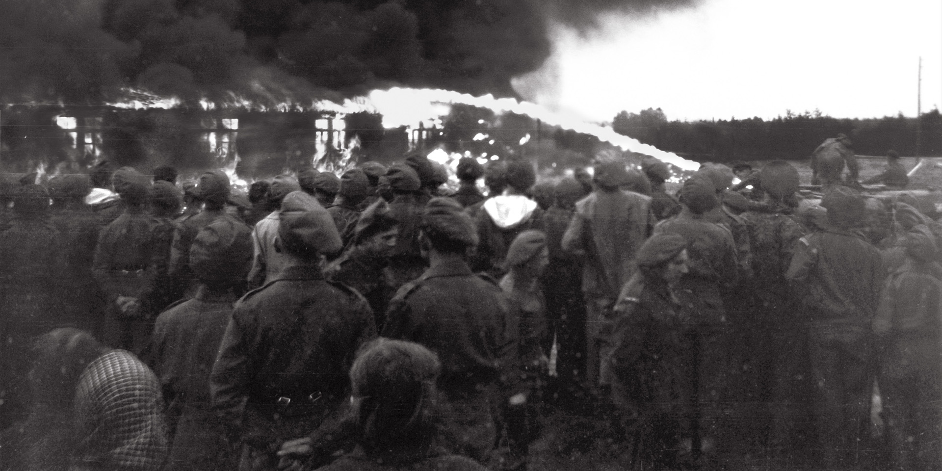 The burning of Belsen concentration camp, Germany, 1945