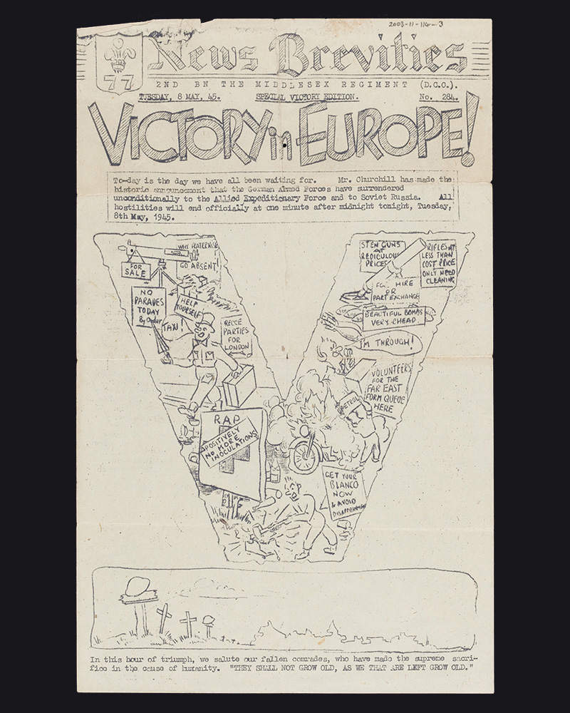 'News Brevitas', the newsletter of the 2nd Battalion, The Middlesex Regiment, dated 8 May 1945, VE Day