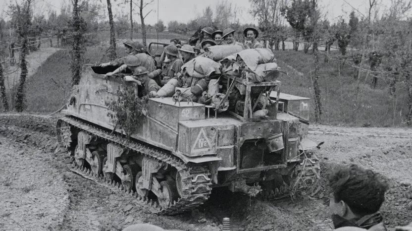 'Kangaroo' carrying infantry into battle near Conselice, Italy, April 1945