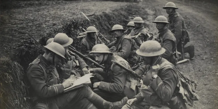 Soldiers from the Middlesex Regiment rest in a ditch, 16 April 1918
