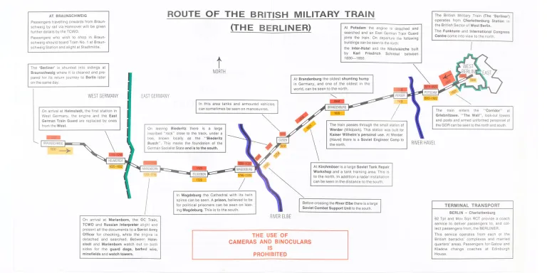 A page from the ‘The Berliner’ military train leaflet, highlighting key sites en route like crossing points and Soviet military facilities, c1991