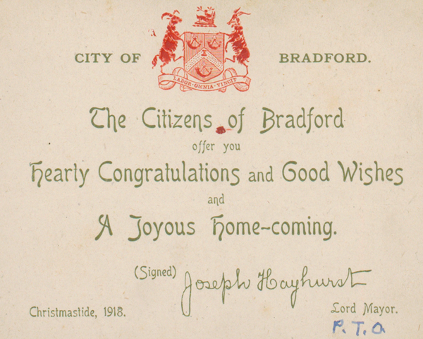 Welcome home message from the citizens of Bradford, Christmas 1918