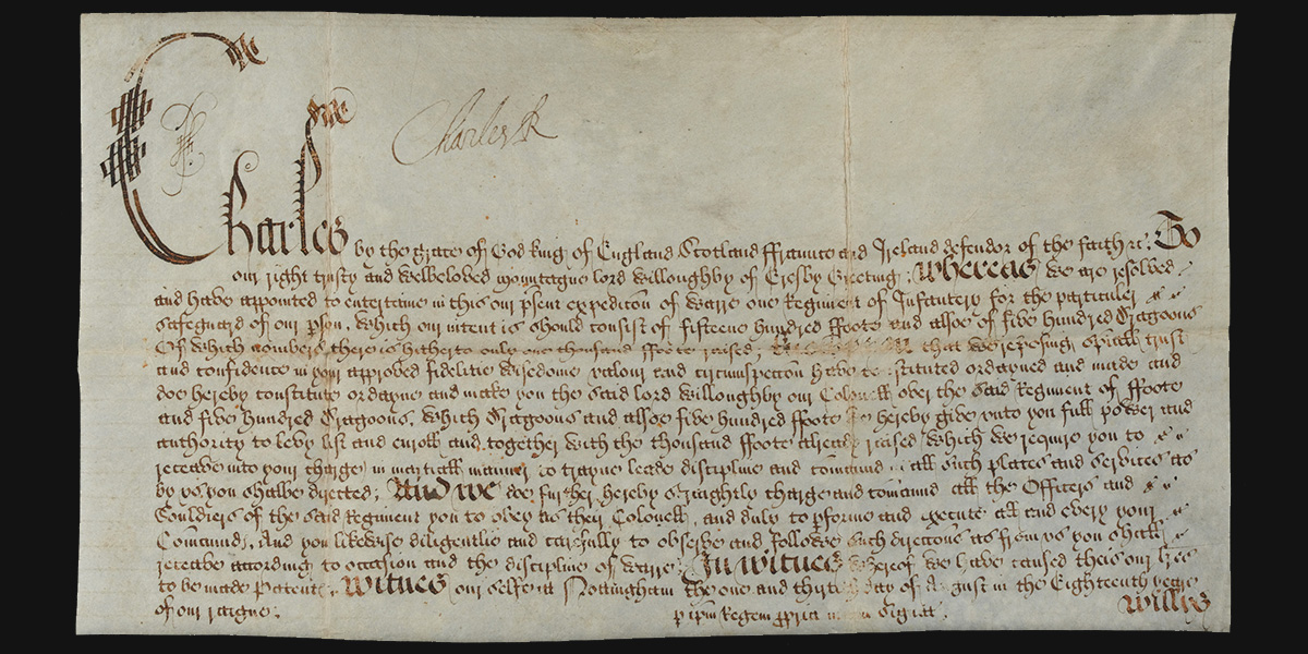 Warrant signed by King Charles I at Nottingham 22 August 1642