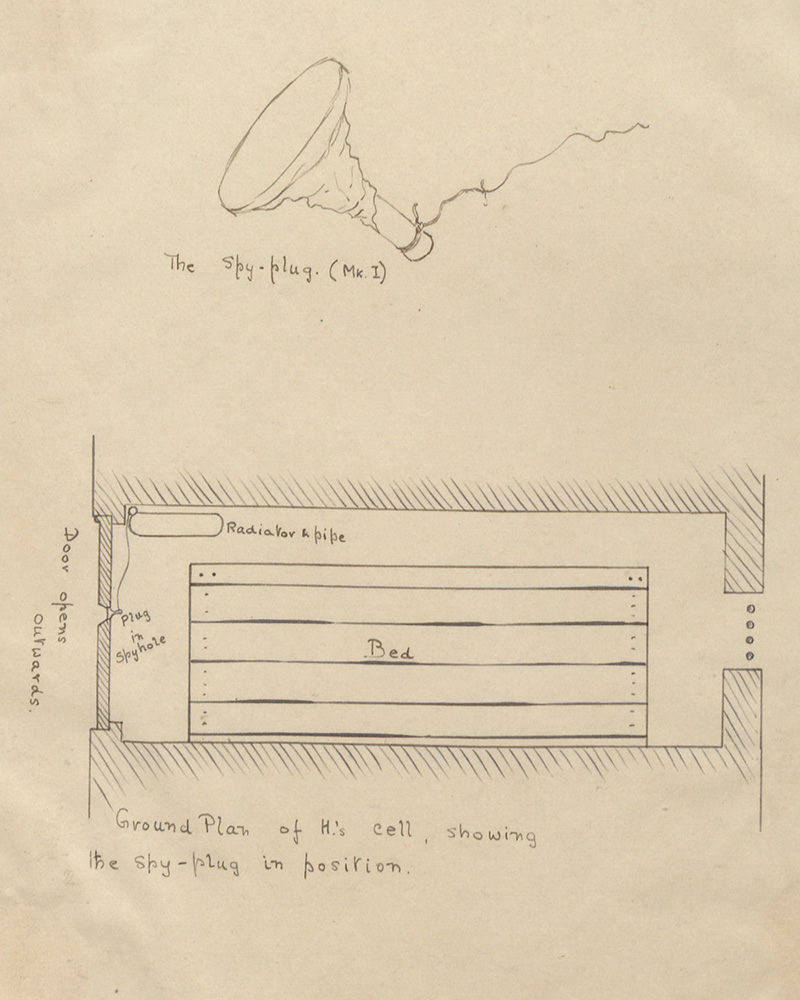 Diagram of the 'spy-plug' and a floor plan of Harrison's cell showing the plug in position in the spyhole, 1917