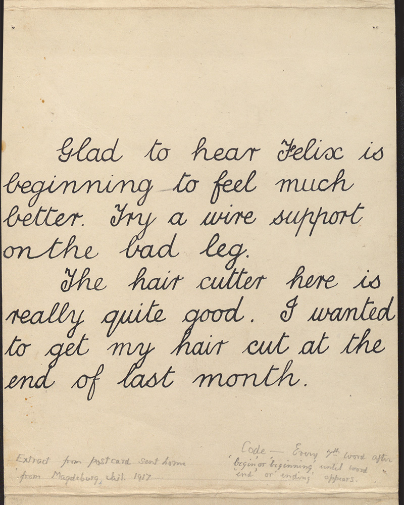 Extract from a coded postcard sent by Harrison from Magdeburg prison, 1917