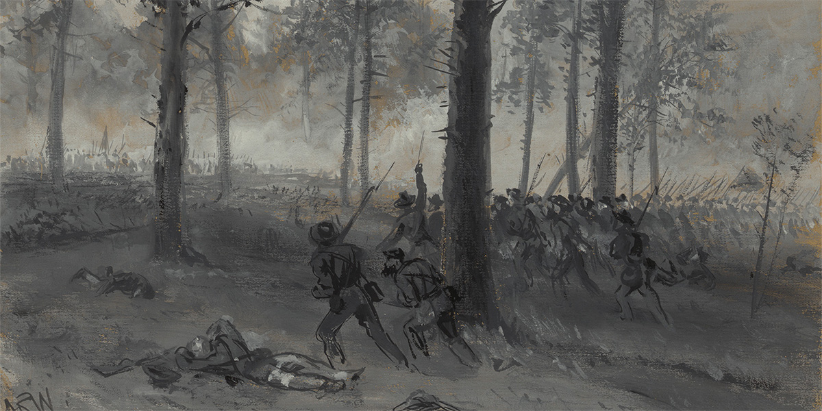 Confederate line advancing through forest toward Union troops at Chickamauga, 1863