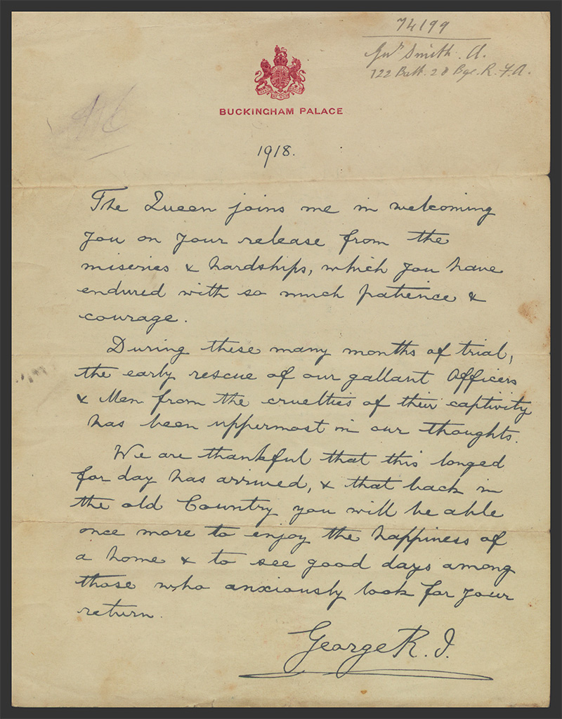 Letter sent to Gunner Smith from King George V and Queen Mary, 1918