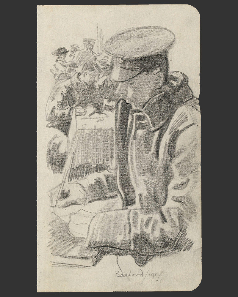 A pencil sketch of soldiers in greatcoats writing letters, 1917