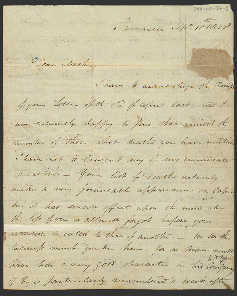 Letter from Lieutenant Edward Teasdale to his mother Mrs Jane Teasdale, Stony Hill, Jamaica, 10 September 1808