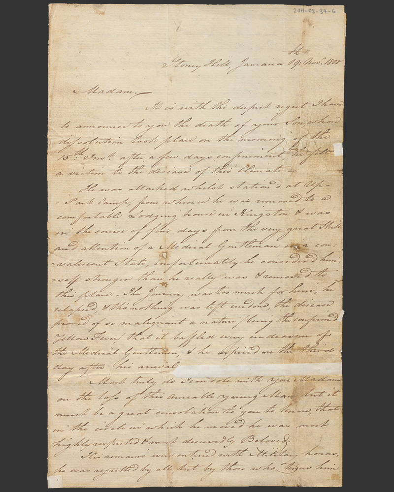 Letter from Major Robert Frederick, 54th (West Norfolk) Regiment of Foot, to Mrs Jane Teasdale, informing her of her son Edward’s death, Stony Hill, Jamaica, 19 November 1808