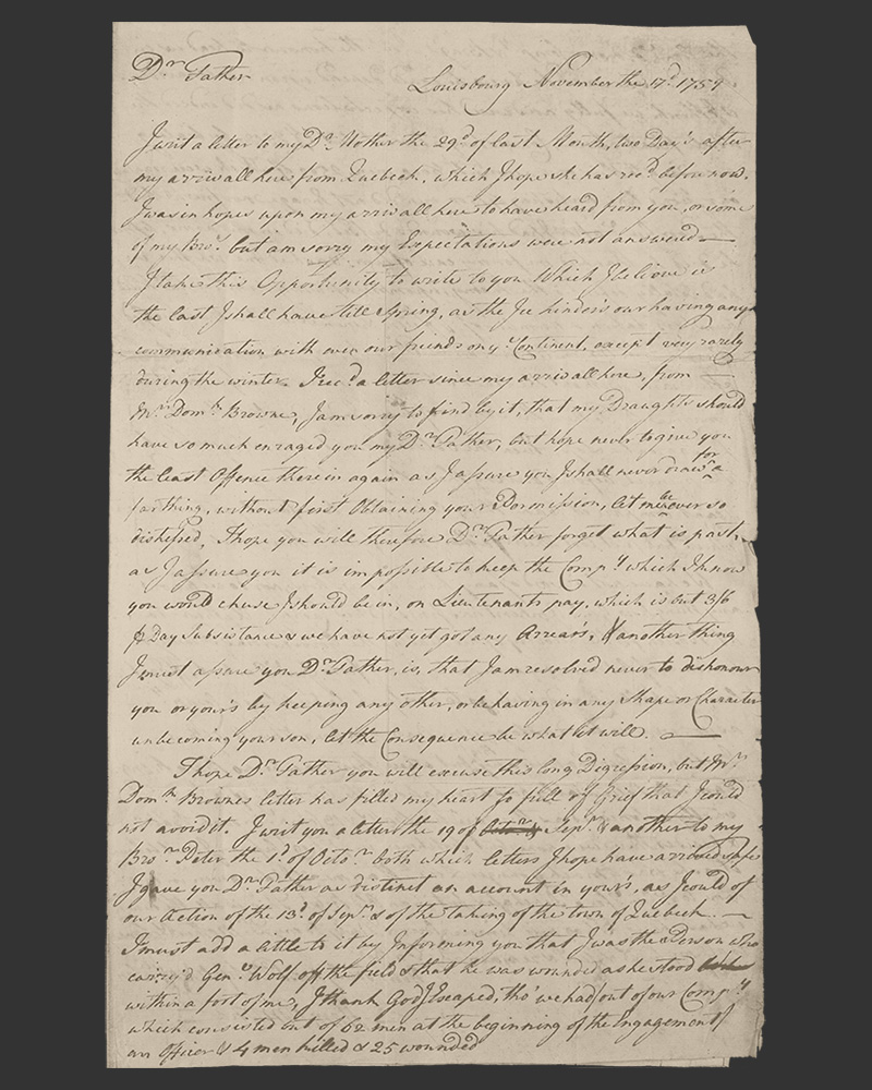 Letter from Lieutenant Henry Browne to his father, 17 November 1759