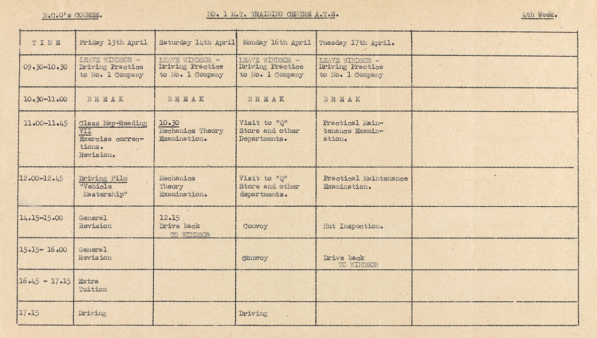 Timetable for an ATS course at No 1 Mechanical Transport Training Centre, Camberley