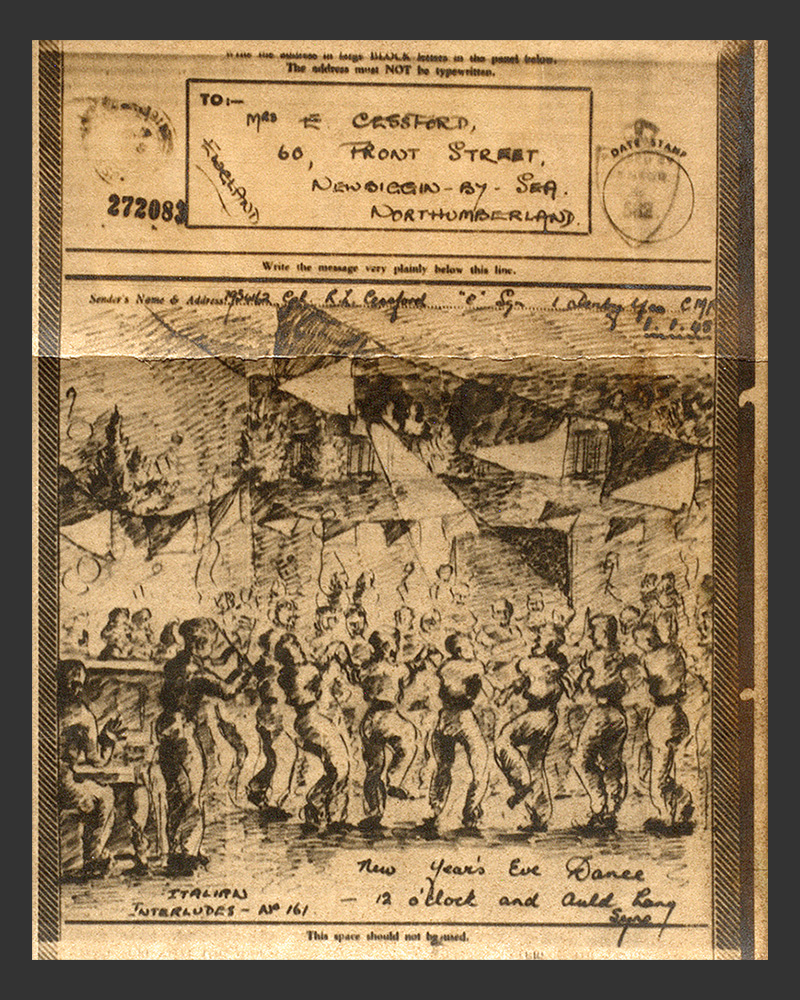 Drawing of servicemen in Italy singing Auld Lang Syne at midnight at a New Year’s Eve dance