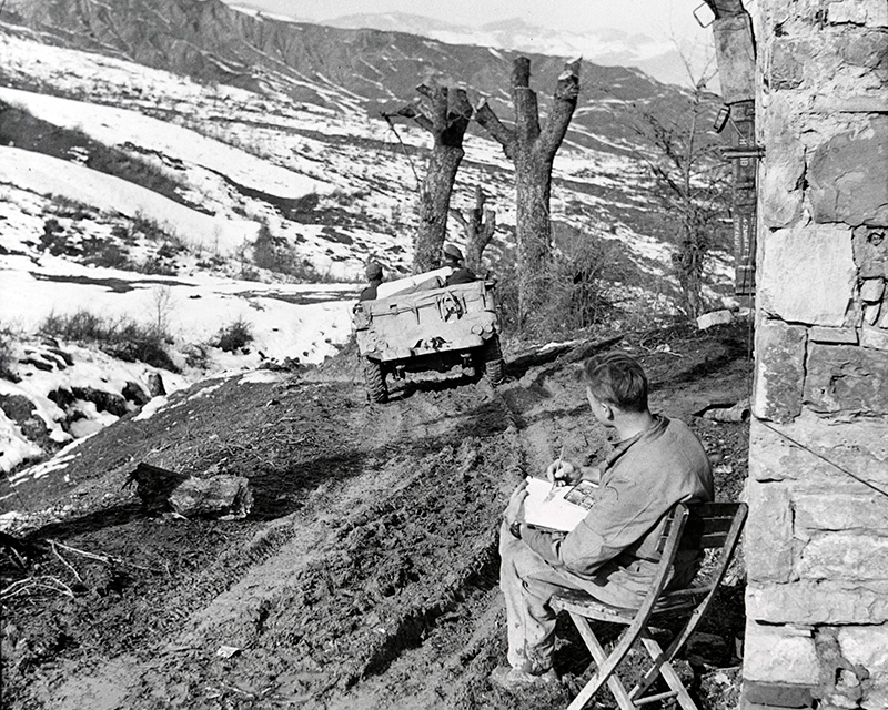 Lance Corporal Sibbald painting the landscape outside his billet, Italy, 8 February 1945